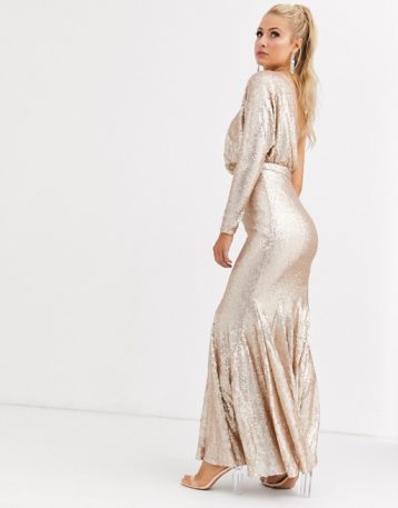 Forever Unique one shoulder fishtail maxi dress in rose gold sequin Rose Gold