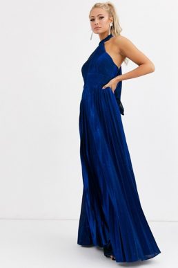 Forever Unique pleated high neck maxi dress in metallic cobalt blue