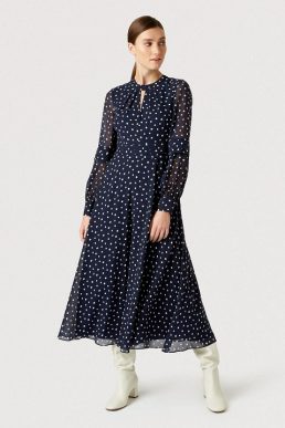 Hobbs Piper Spot Sleeve Dress Navy Blue Ivory