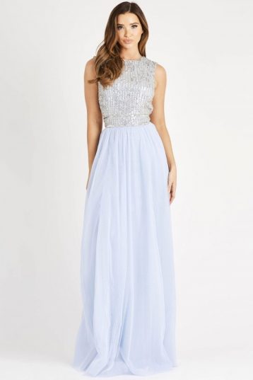 Lace & Beads Ariana Sleeveless Light Blue Embellished Maxi Dress Silver