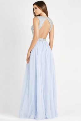 Lace & Beads Ariana Sleeveless Light Blue Embellished Maxi Dress Silver