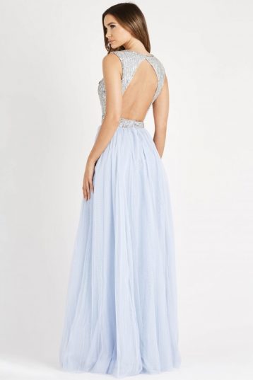 Lace & Beads Ariana Sleeveless Light Blue Embellished Maxi Dress Silver