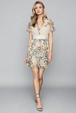 Reiss Sadie Floral Printed Mini Dress Neutral Cream Grey