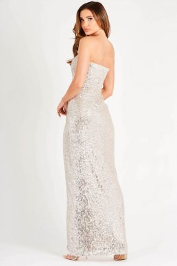 TFNC Gannia Nude Maxi Strapless Bridesmaid Dress Silver Rose Gold