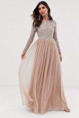 Maya Bridesmaid long sleeve maxi tulle dress with tonal delicate sequins in taupe blush