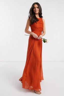 ASOS DESIGN Bridesmaid maxi dress with soft pleated bodice Rust Dark Orange