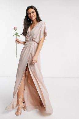 ASOS DESIGN Bridesmaid short sleeved cowl front maxi dress with button back detail Soft Blush