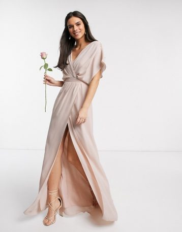 ASOS DESIGN Bridesmaid short sleeved cowl front maxi dress with button back detail Soft Blush