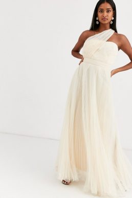 ASOS DESIGN one shoulder tulle wired hem maxi dress Cream