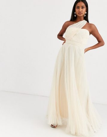 ASOS DESIGN one shoulder tulle wired hem maxi dress Cream