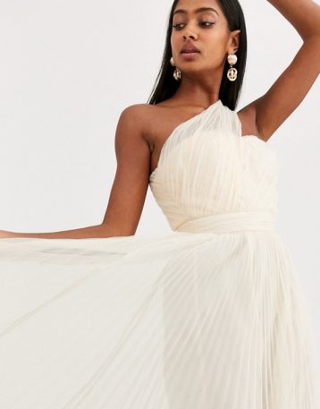 ASOS DESIGN one shoulder tulle wired hem maxi dress Cream