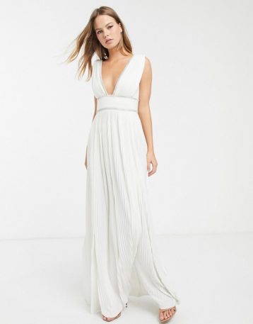 ASOS DESIGN premium pleat maxi dress with diamante trim Ivory