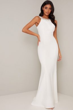 Chi Chi Bridal Evie Embellished Bow Back Dress White