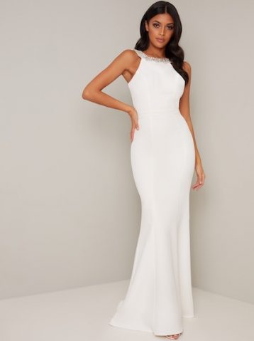 Chi Chi Bridal Evie Embellished Bow Back Dress White