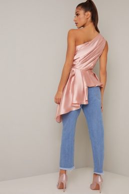 Chi Chi Syrah One Shoulder Peplum Waist Top Rose Gold Pink