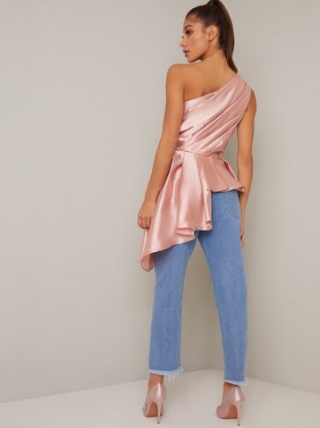 Chi Chi Syrah One Shoulder Peplum Waist Top Rose Gold Pink