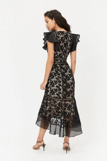 Coast Floral Lace Frill Sleeve Dress Black Nude