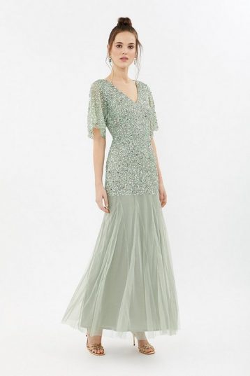 Coast Sequin Angel Sleeve Sequin Maxi Dress Sage Green