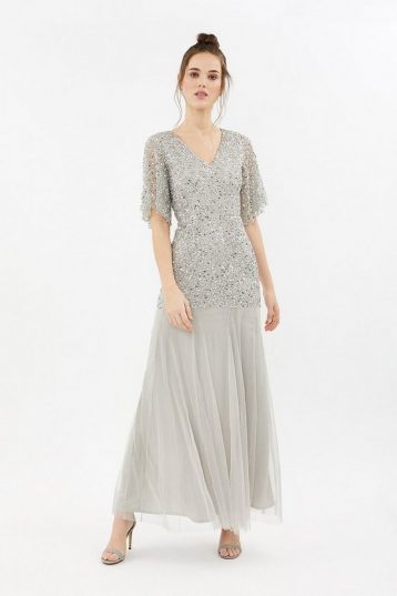 Coast Sequin Angel Sleeve Sequin Maxi Dress Silver