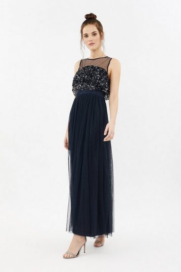 Coast Sequin Tulle Frill Bodice Maxi Dress Navy