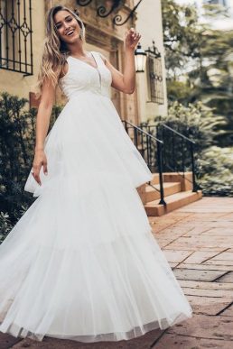 Ever-Pretty Double V Neck A Line Floor Maxi Layered Tulle Wedding Dress White 00869