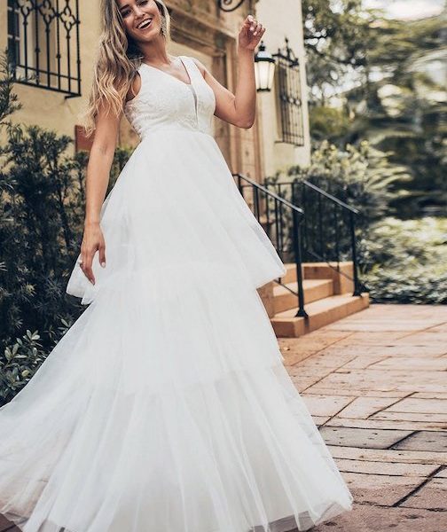 Ever Pretty Double V Neck A Line Floor Maxi Layered Tulle Wedding