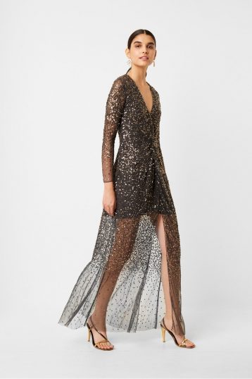 French Connection Emille Sequin Plunge Neck Dress Pewter