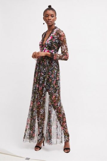 French Connection Flori Embroidered Floral Maxi Sleeve Dress Black Pink