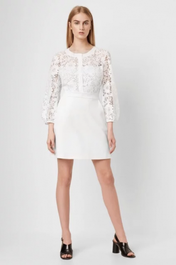 French Connection Shema Jersey Buttoned Lace Shift Dress Summer White