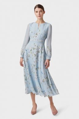 Hobbs Silk Floral Print Sleeve Skye Dress Pale Blue Multi