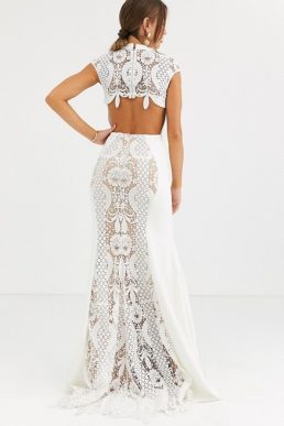 Jovani high neck lace fishtail bridal maxi dress Ivory Nude