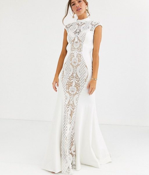 Jovani High Neck Lace Fishtail Bridal Maxi Dress Ivory Nude
