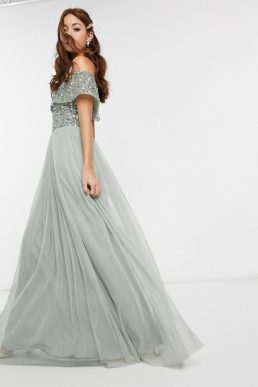 Maya Bridesmaid bardot maxi tulle dress with tonal delicate sequins in green lily