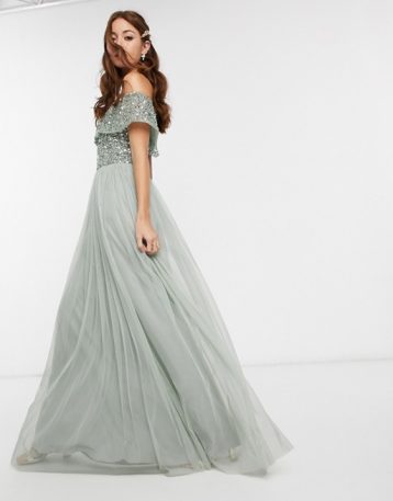 Maya Bridesmaid bardot maxi tulle dress with tonal delicate sequins in green lily