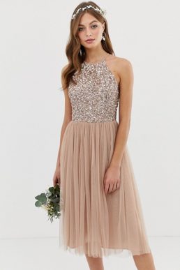 Maya Bridesmaid halter neck midi tulle dress with tonal delicate sequins in taupe blush