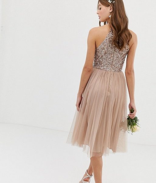 maya bridesmaid halter neck maxi tulle dress with tonal delicate sequins in taupe blush