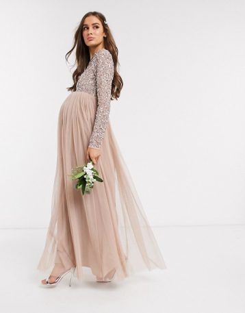 Maya Maternity Bridesmaid long sleeve maxi tulle dress with tonal delicate sequin overlay in taupe blush