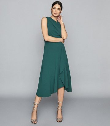 Reiss Marling Wrap Front Midi Dress Teal Forest Green