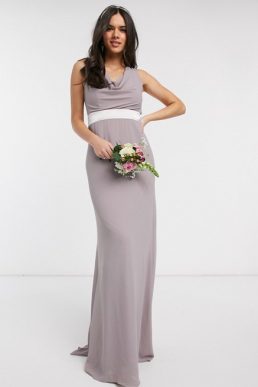 TFNC bridesmaids cowl neck sateen bow back maxi bridesmaid dress in grey