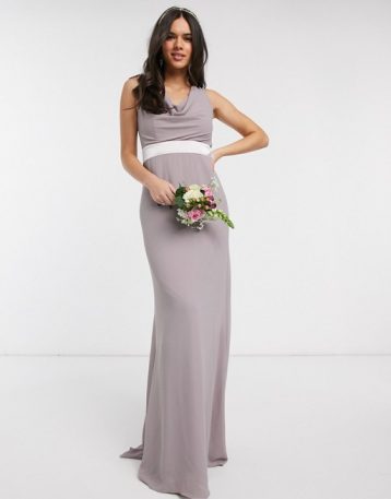 TFNC bridesmaids cowl neck sateen bow back maxi bridesmaid dress in grey