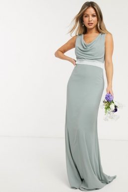 ASOS DESIGN Bridesmaid cowl front maxi dress with button back detail Sage Green