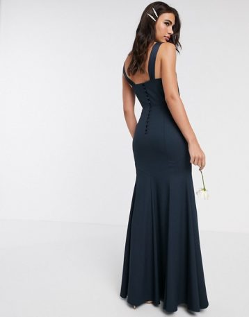 ASOS DESIGN Bridesmaid button back maxi dress with pleated bodice detail, Navy - Image 2