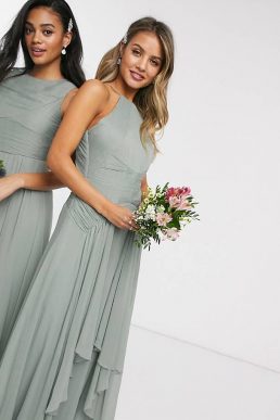 ASOS DESIGN Bridesmaid pinny maxi dress with ruched bodice and layered skirt detail Olive Green