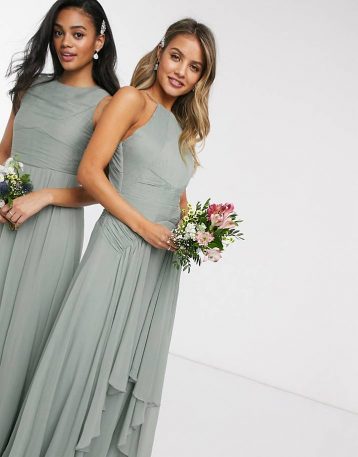 ASOS DESIGN Bridesmaid pinny maxi dress with ruched bodice and layered skirt detail Olive Green