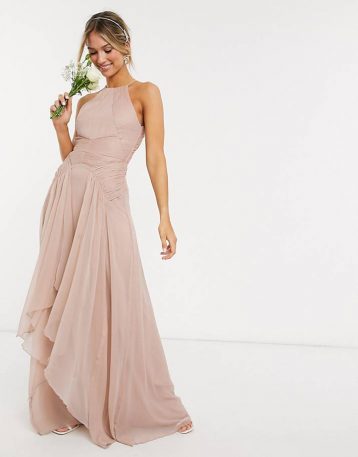 ASOS DESIGN Bridesmaid pinny maxi dress with ruched bodice and layered skirt detail Soft Blush