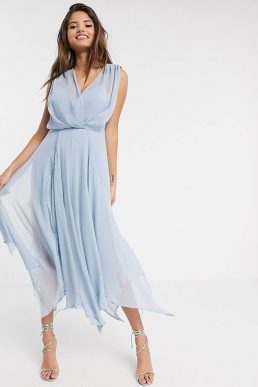 ASOS DESIGN wrap bodice midi dress with drape back Light Blue