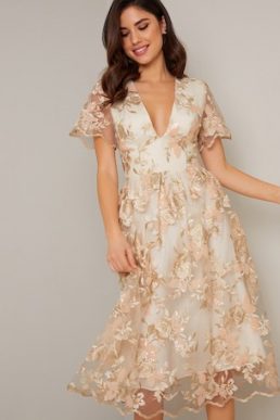 Chi Chi Floral Embroidered Betty Dress Nude Champagne