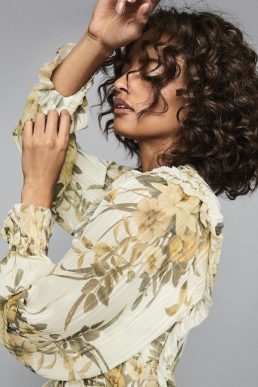 Reiss Alandra Floral Printed Ruffled Top Print Ivory White Cream Green