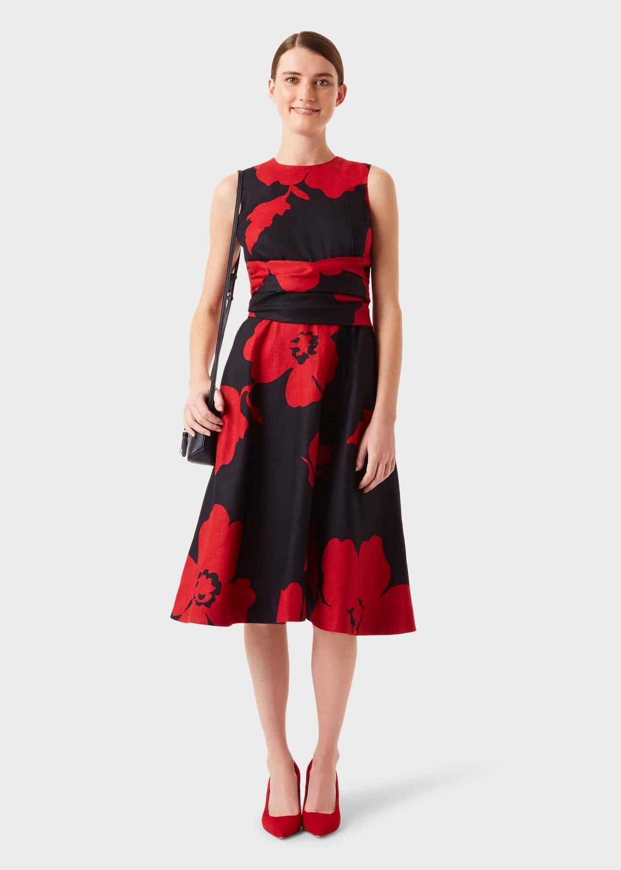 Hobbs Linen Twitchill Floral Print Dress, Navy/Red - myonewedding.co.uk