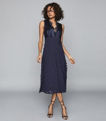 Reiss Leni Jacquard Spot Midi Dress Navy Blue